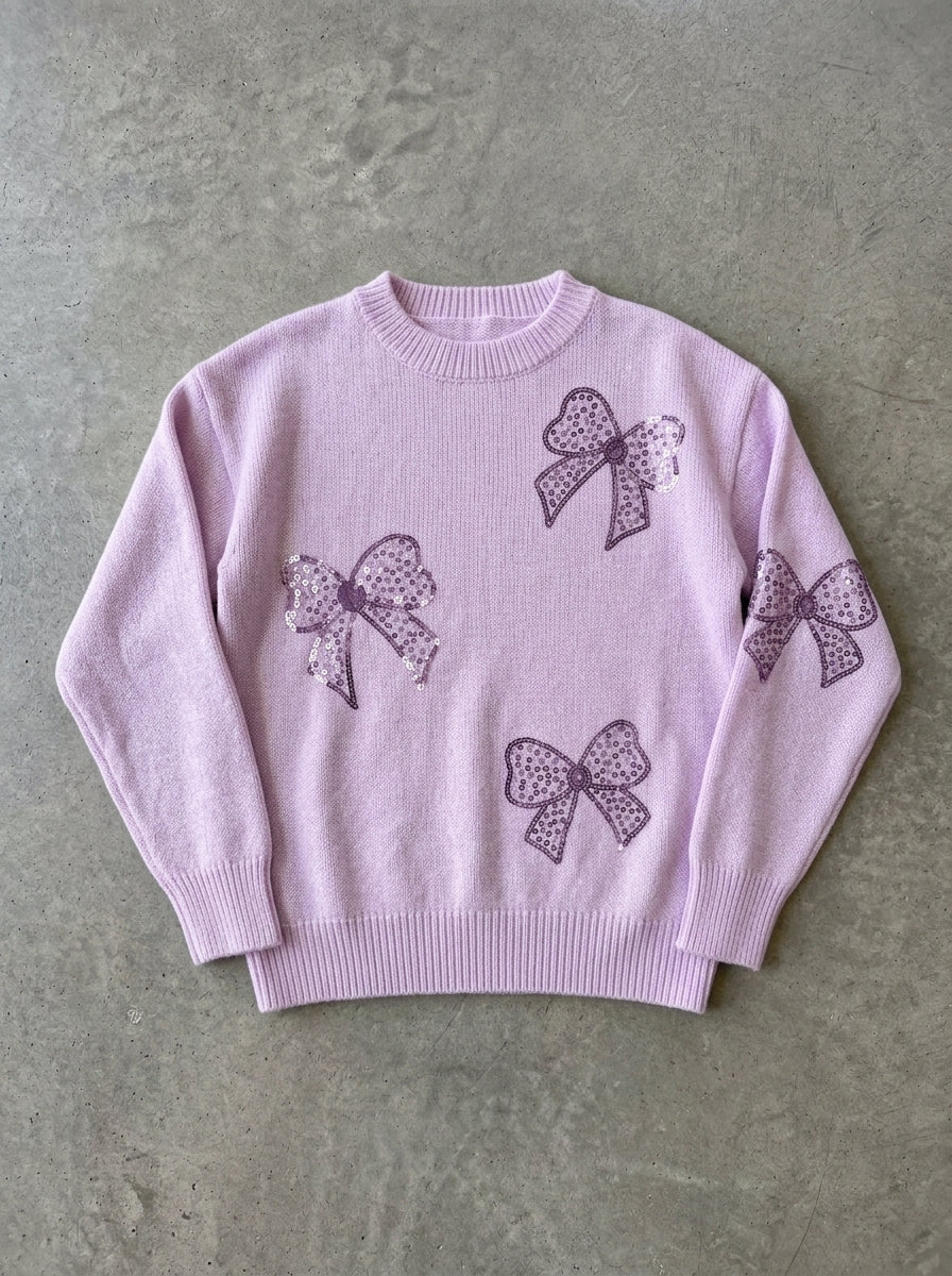 Sequin Bow Crew Neck Sweater in Lavender