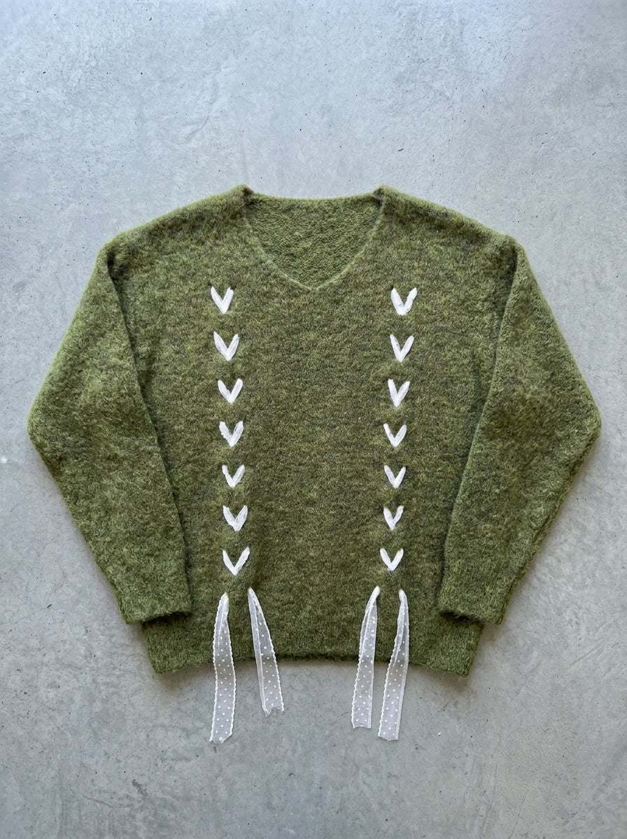 Ribbon Weave V-Neck Slouchy Sweater in Green