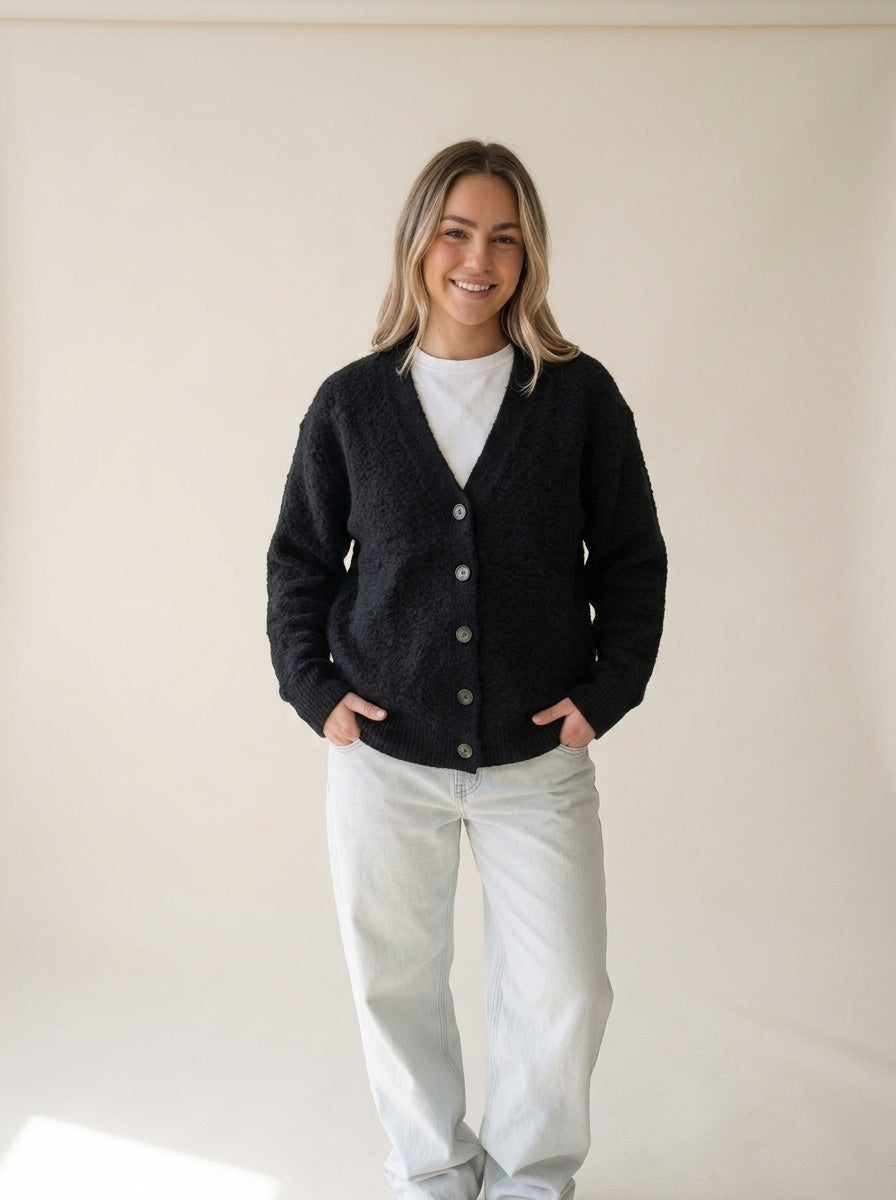Cozy Loose V-Neck Button Cardigan in Black, worn