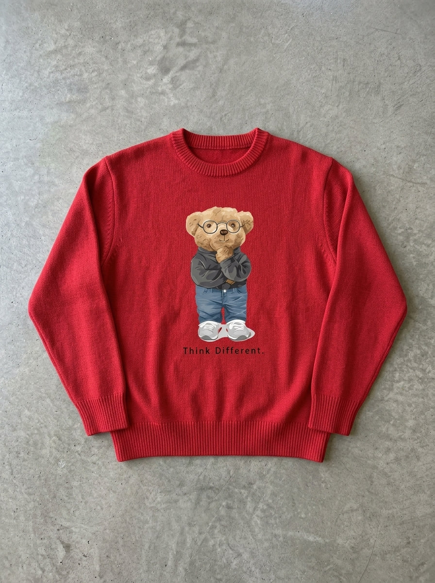 Thinking Teddy Bear Knit Sweater in Red