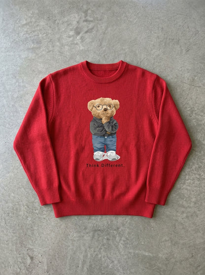 Thinking Teddy Bear Knit Sweater in Red