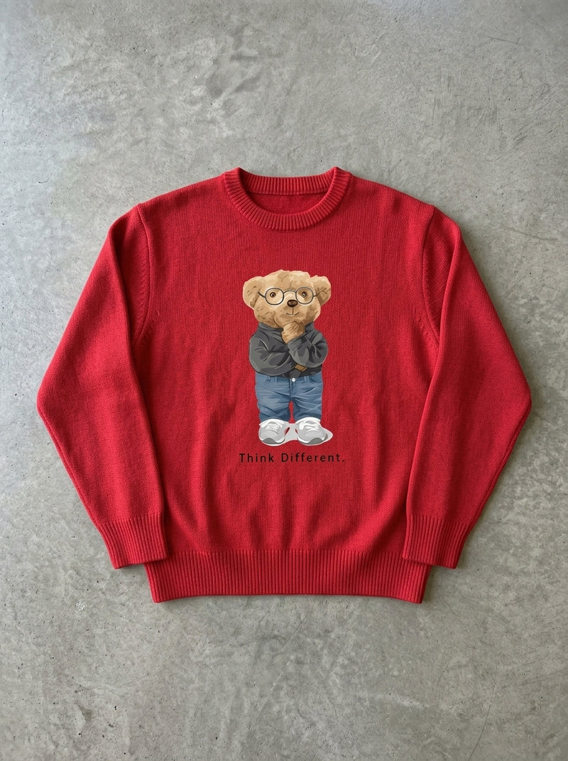 Thinking Teddy Bear Knit Sweater in Red