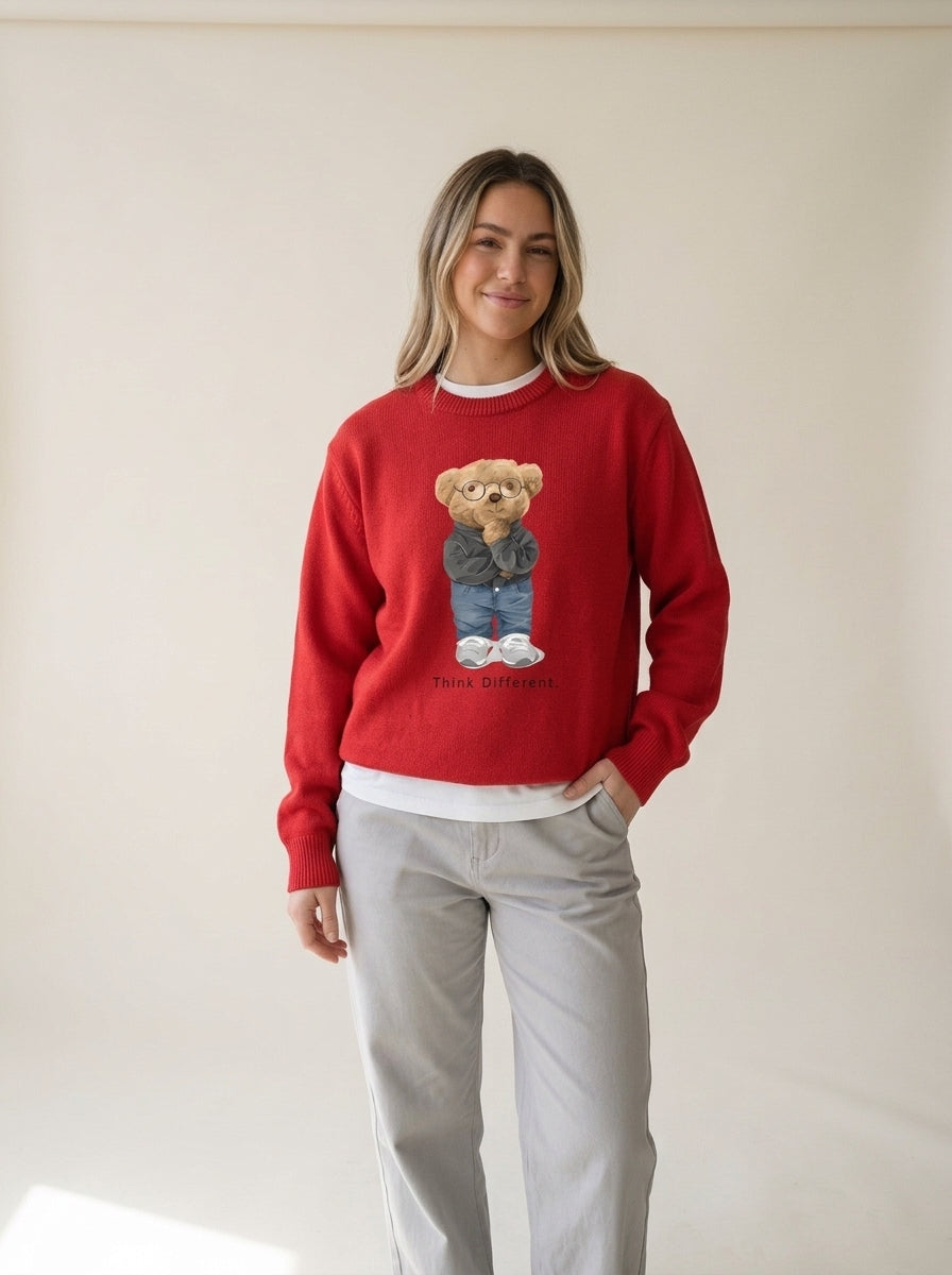 Thinking Teddy Bear Knit Sweater in Red, worn