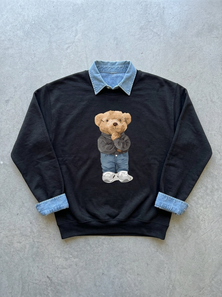 Thinking Teddy Bear Knit Sweater in black