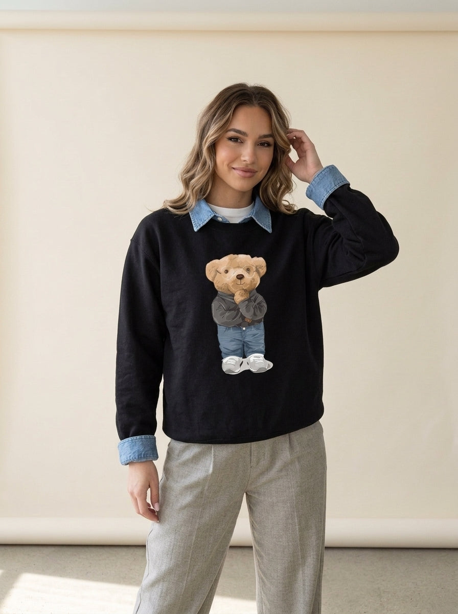 Thinking Teddy Bear Knit Sweater in black, worn
