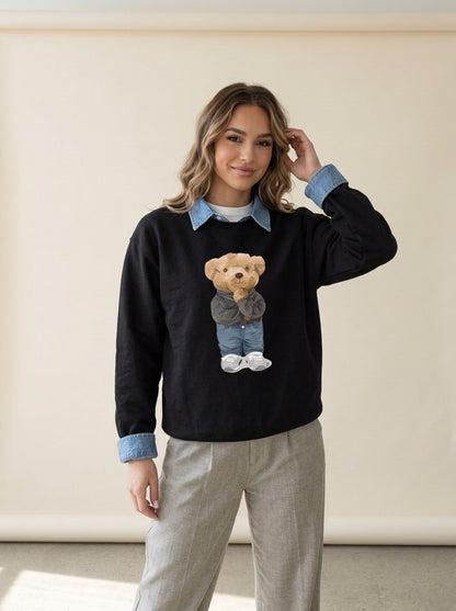 Thinking Teddy Bear Knit Sweater in black, worn