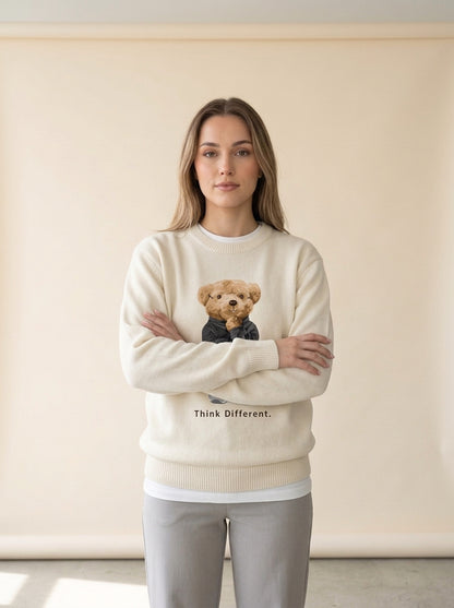 Thinking Teddy Bear Knit Sweater in Ivory, worn