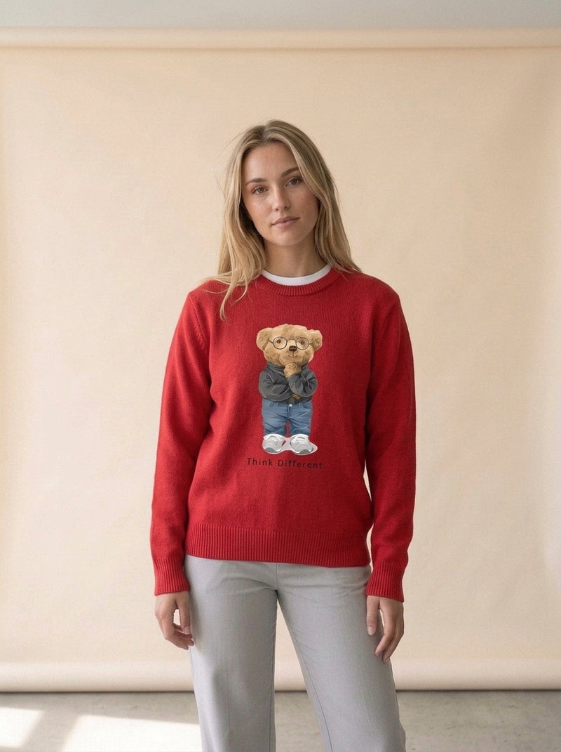 Thinking Teddy Bear Knit Sweater in PURPLE, worn