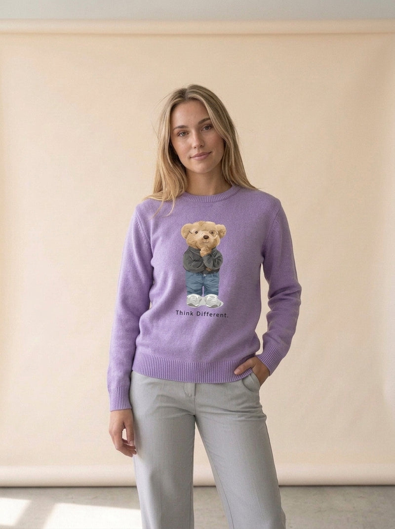 Thinking Teddy Bear Knit Sweater in PURPLE, worn