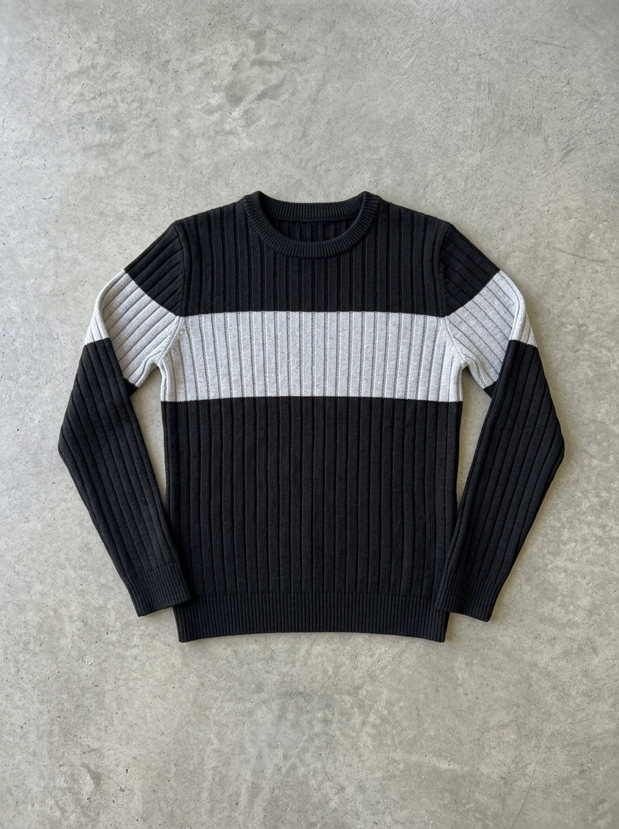 Color Block Ribbed Crew Pullover in black