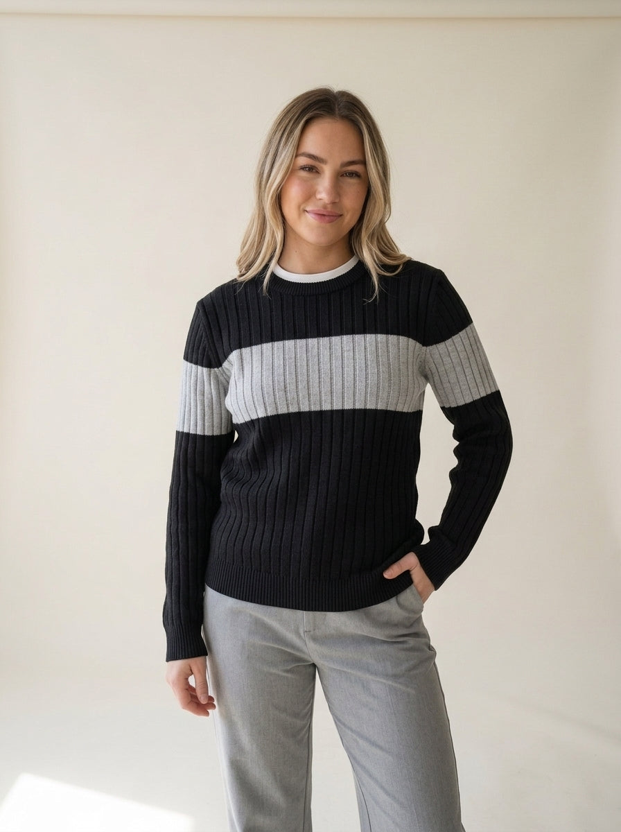 Color Block Ribbed Crew Pullover in black, worn
