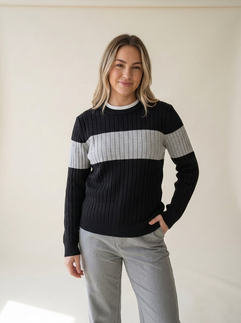 Color Block Ribbed Crew Pullover in black, worn