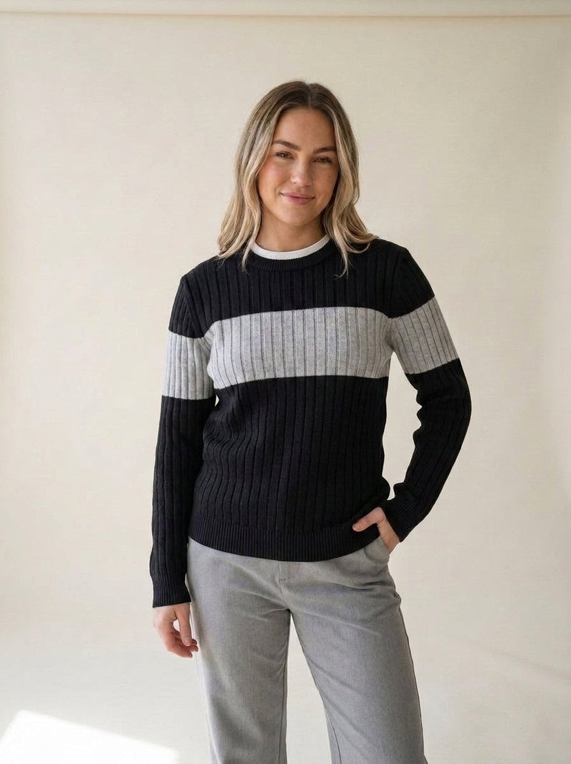 Color Block Ribbed Crew Pullover in Black, worn