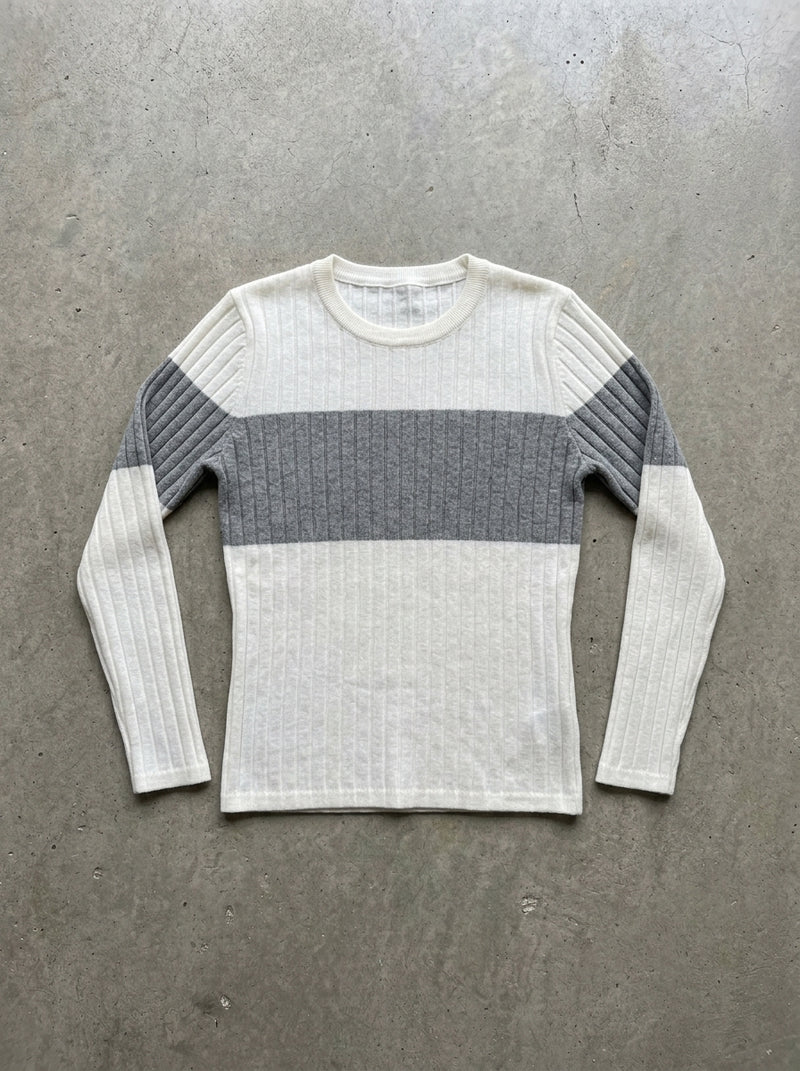 Color Block Ribbed Crew Pullover in WHITE