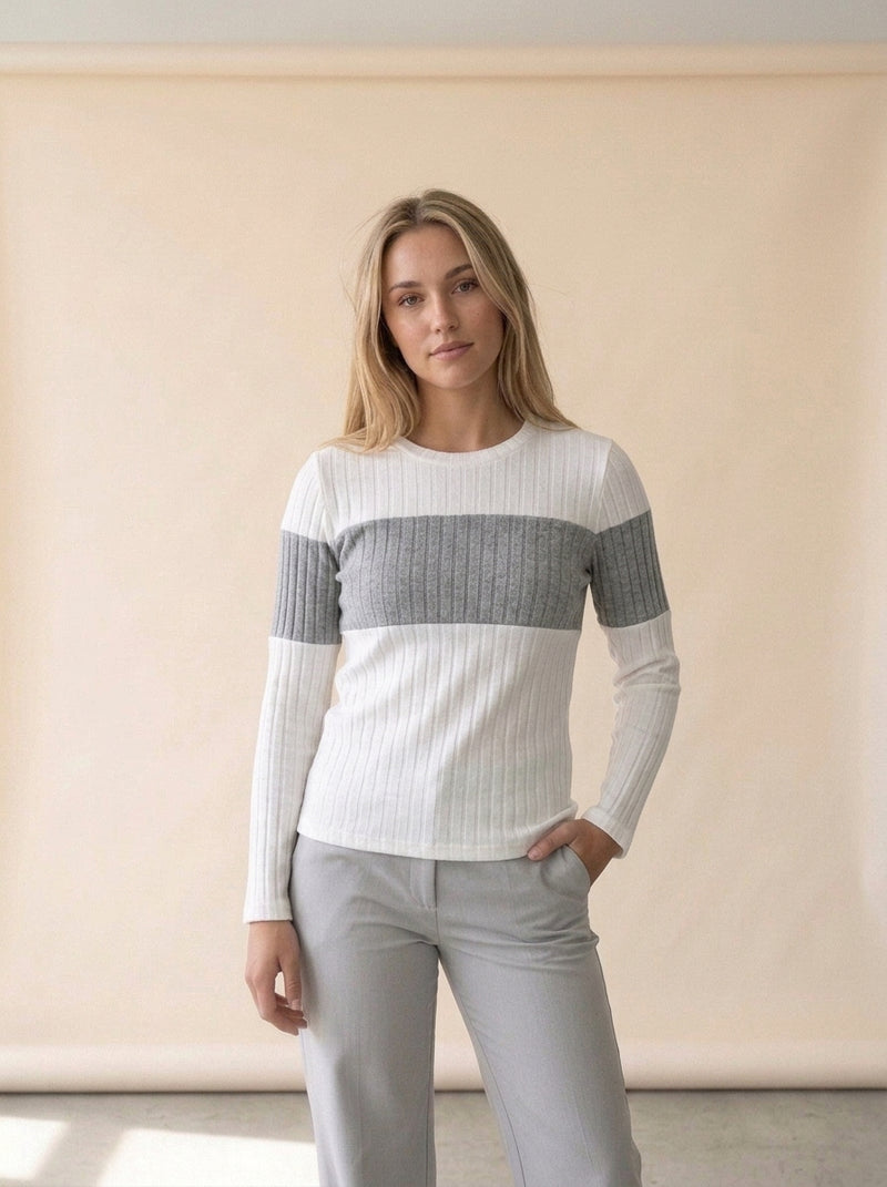 Color Block Ribbed Crew Pullover in WHITE, worn