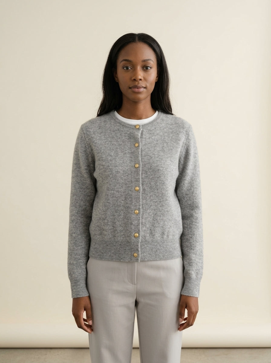 Soft Gray Crew Neck Knit Cardigan in GRAY, worn