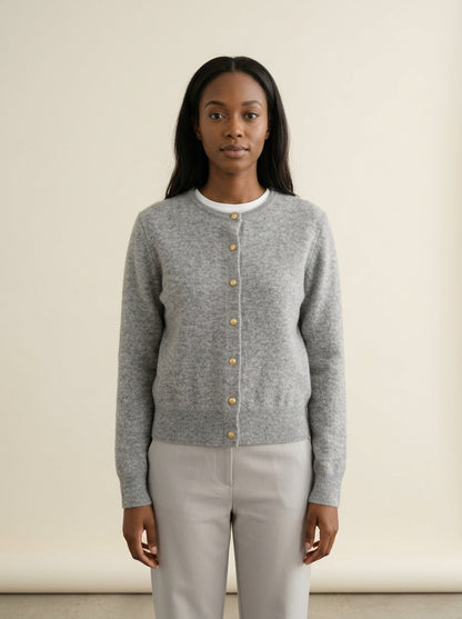 Soft Gray Crew Neck Knit Cardigan in GRAY, worn