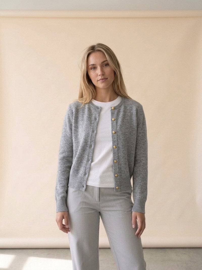 Soft Gray Crew Neck Knit Cardigan in GRAY, worn