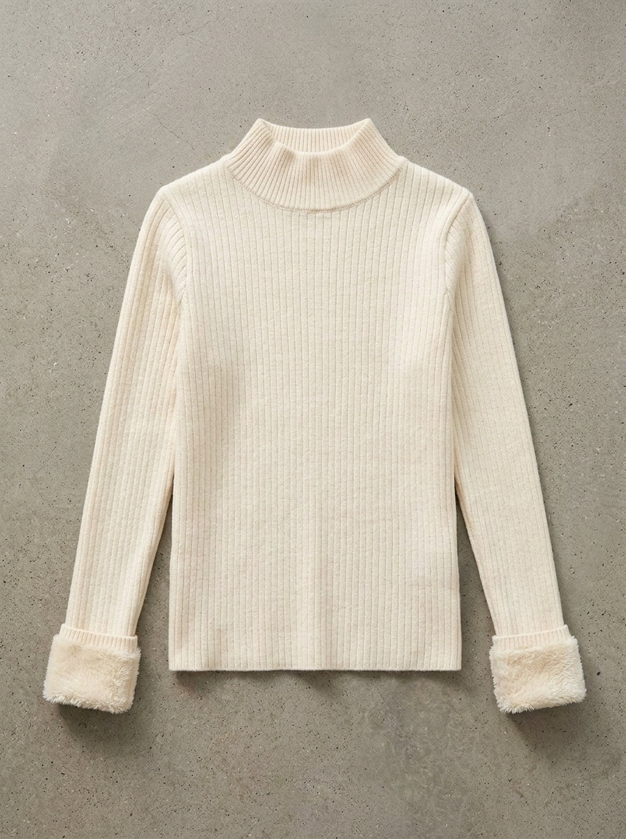Velvet Lined Slim Turtleneck Sweater in Beige