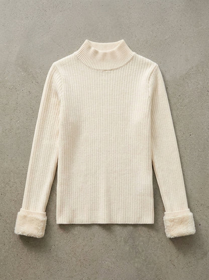 Velvet Lined Slim Turtleneck Sweater in Beige