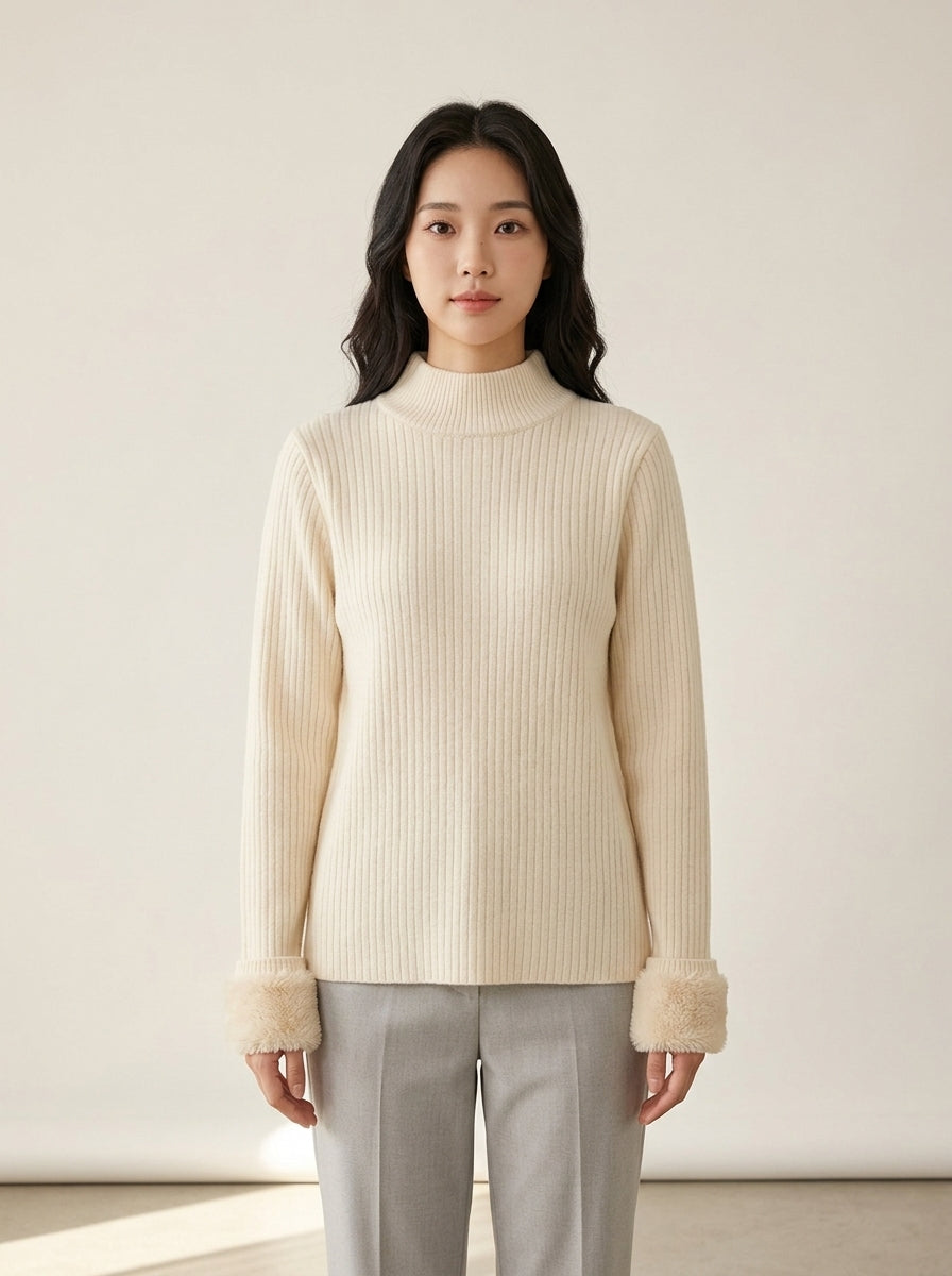 Velvet Lined Slim Turtleneck Sweater in Beige, worn