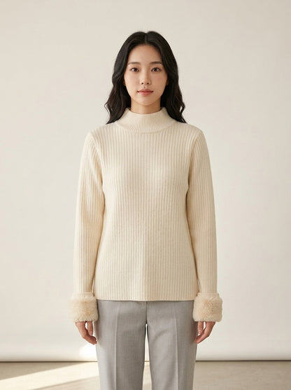 Velvet Lined Slim Turtleneck Sweater in Beige, worn