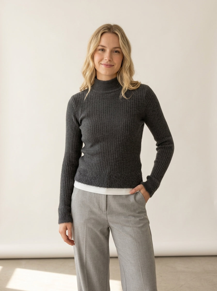 Velvet Lined Slim Turtleneck Sweater in Dark Grey, worn