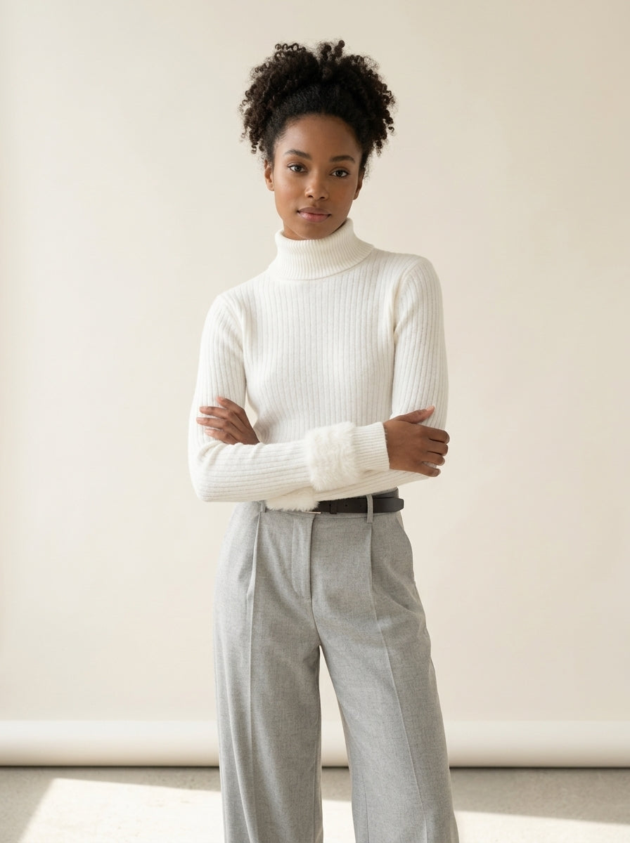 Velvet Lined Slim Turtleneck Sweater in WHITE, worn