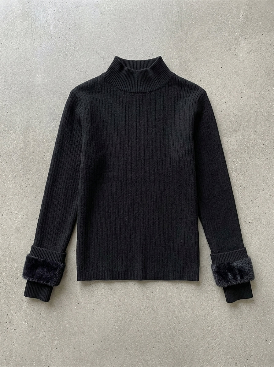 Velvet Lined Slim Turtleneck Sweater in black