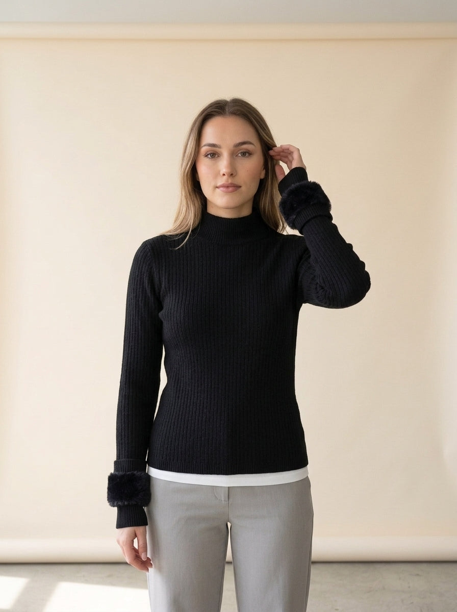 Velvet Lined Slim Turtleneck Sweater in black, worn