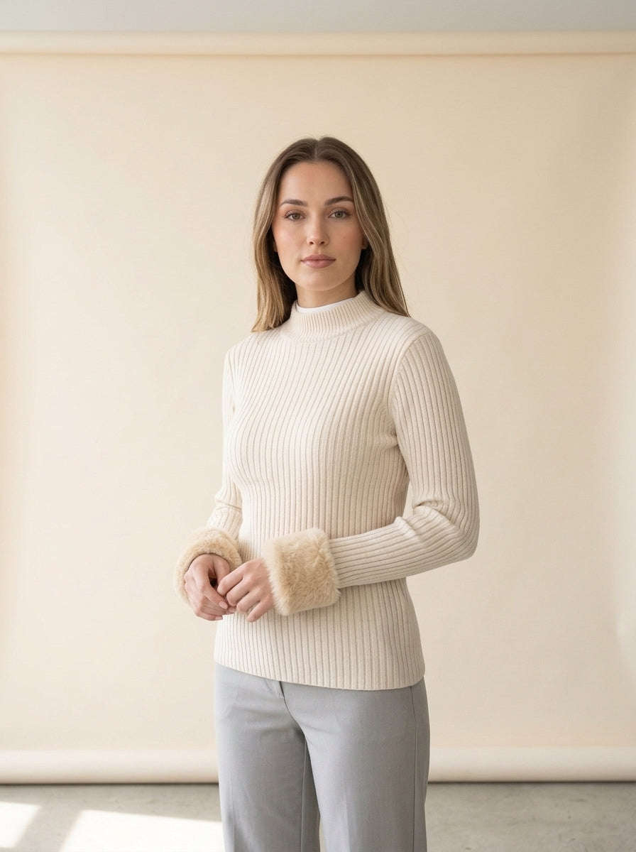 Velvet Lined Slim Turtleneck Sweater in SKY BLUE, worn
