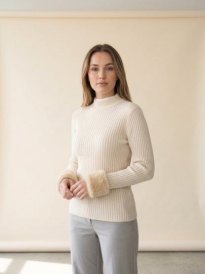 Velvet Lined Slim Turtleneck Sweater in SKY BLUE, worn