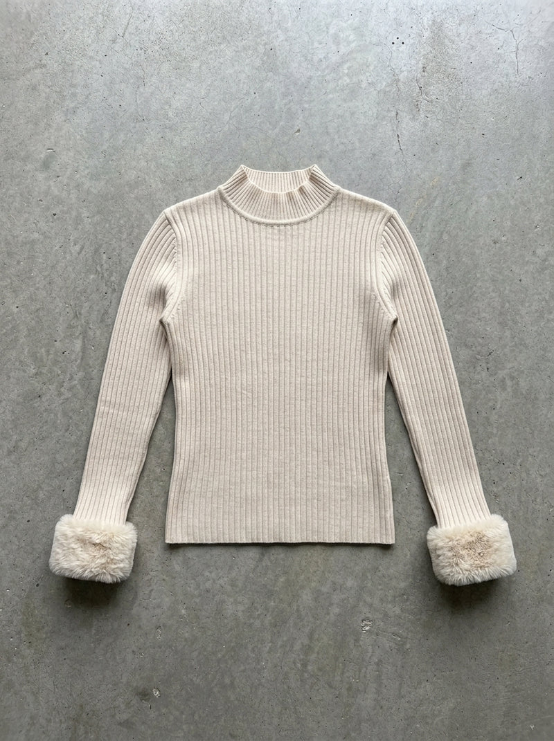 Velvet Lined Slim Turtleneck Sweater in Beige