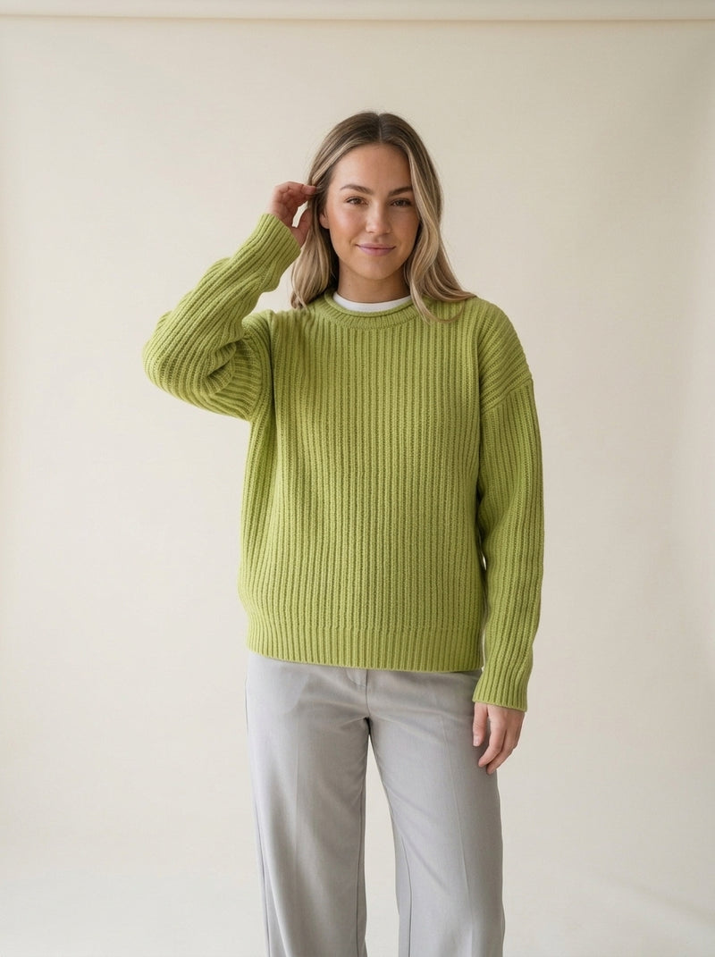 Loose Long Sleeve Knit Sweater in Moss, worn