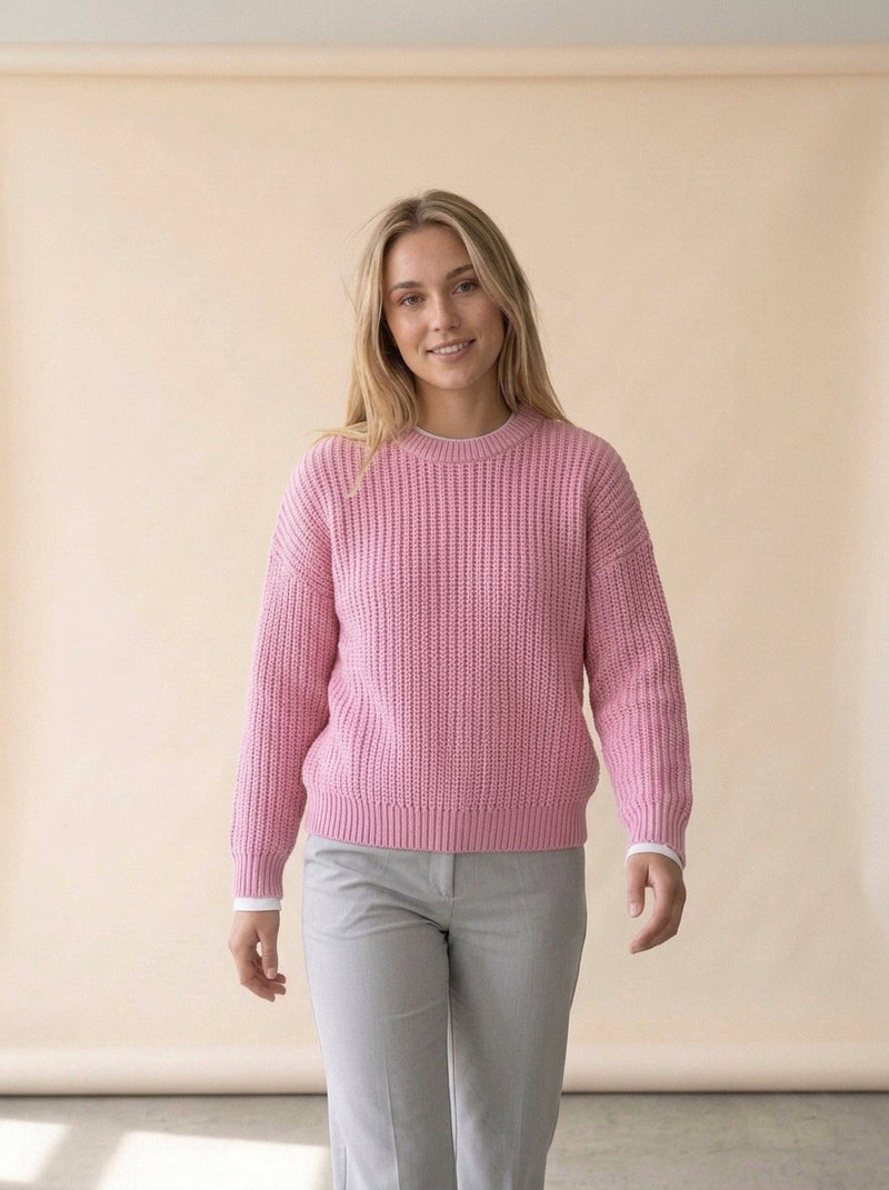 Loose Long Sleeve Knit Sweater in Light Pink, worn