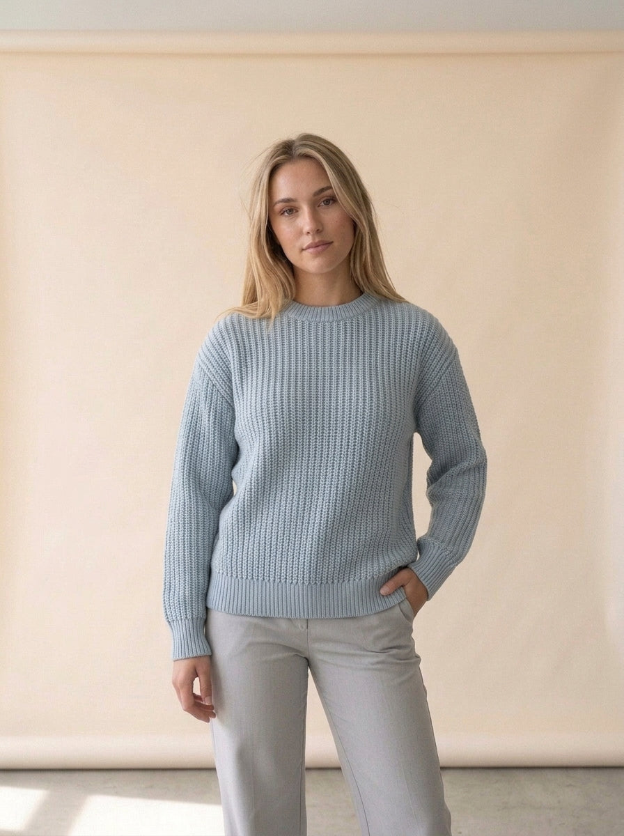 Loose Long Sleeve Knit Sweater in Light Blue, worn