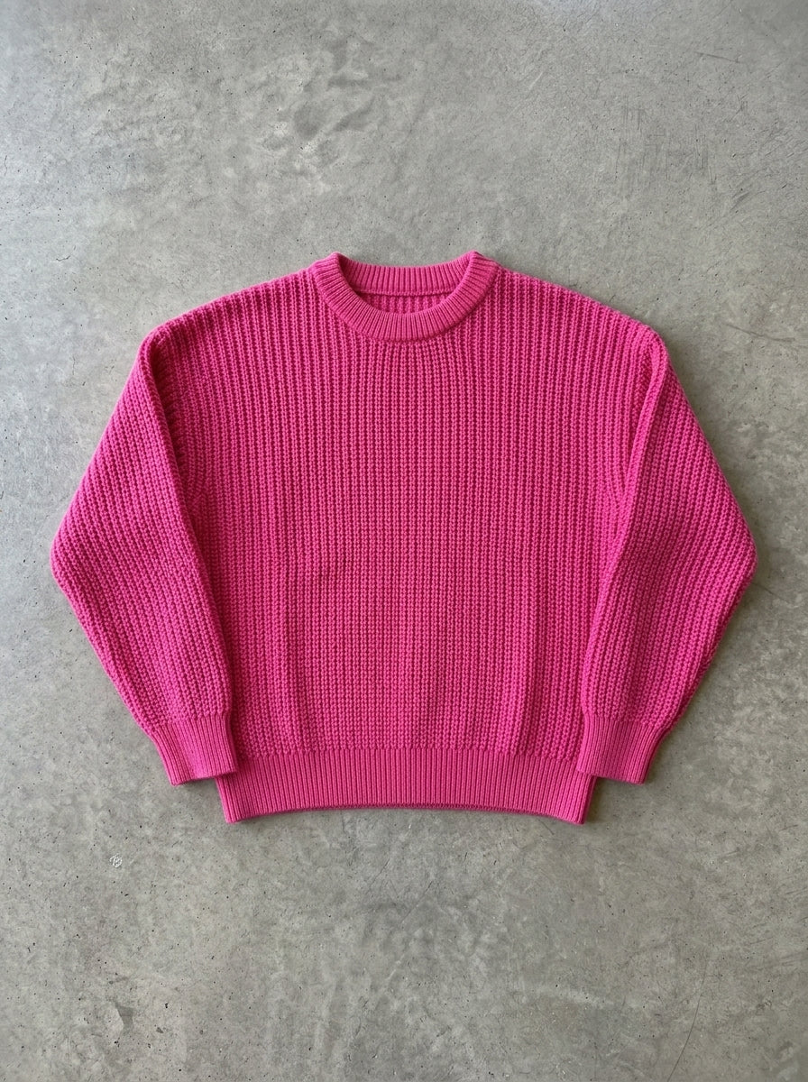Loose Long Sleeve Knit Sweater in Hot Pink