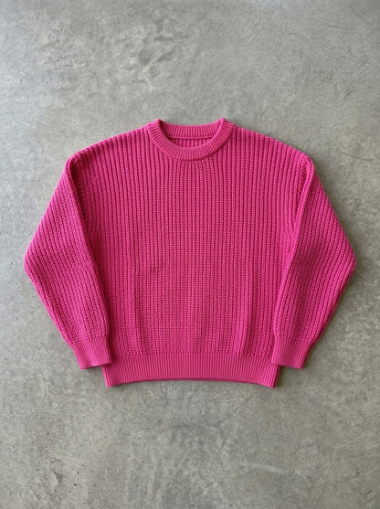 Loose Long Sleeve Knit Sweater in Hot Pink