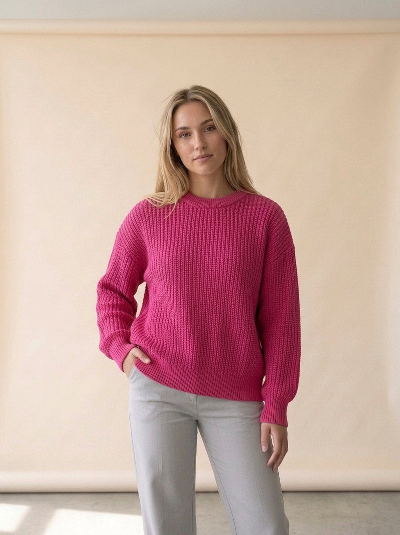Loose Long Sleeve Knit Sweater in Hot Pink, worn