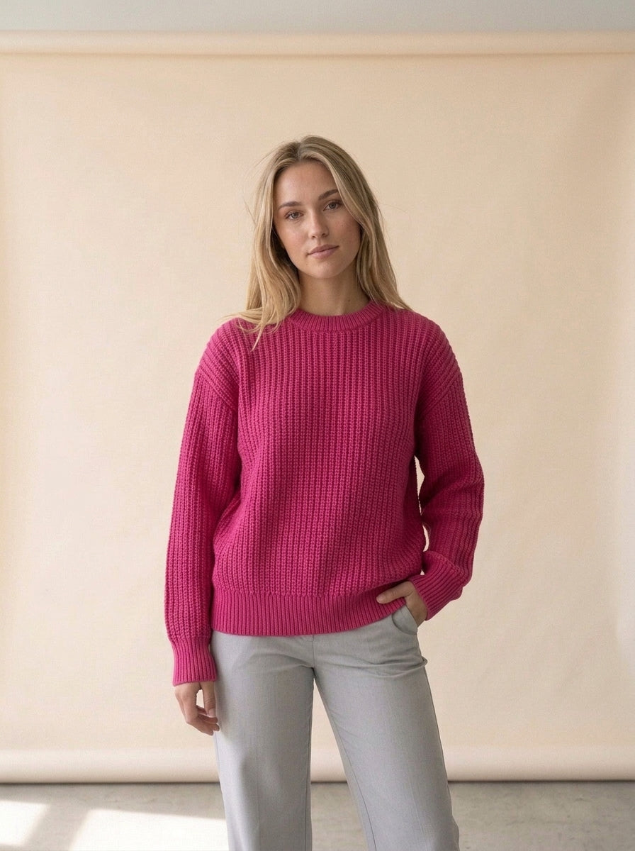 Loose Long Sleeve Knit Sweater in Peach, worn