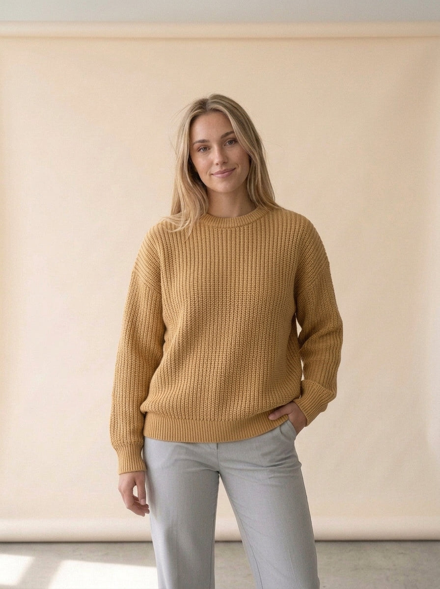 Loose Long Sleeve Knit Sweater in Tan, worn