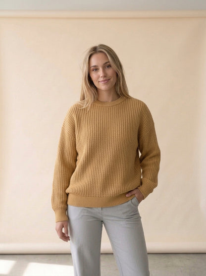 Loose Long Sleeve Knit Sweater in Tan, worn