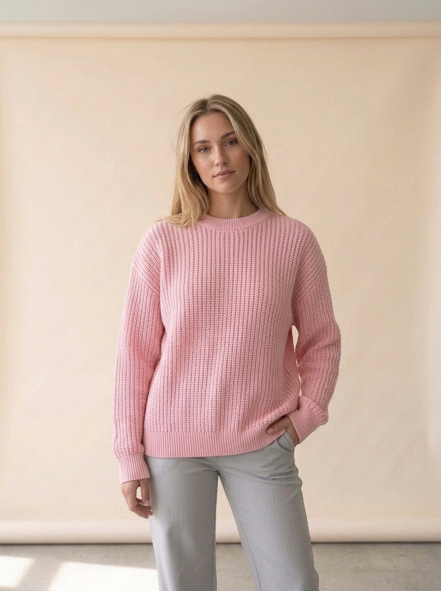 Loose Long Sleeve Knit Sweater in Light Pink, worn