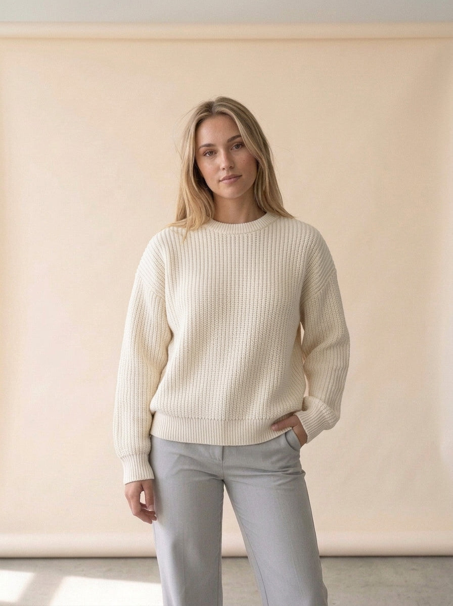 Loose Long Sleeve Knit Sweater in White, worn