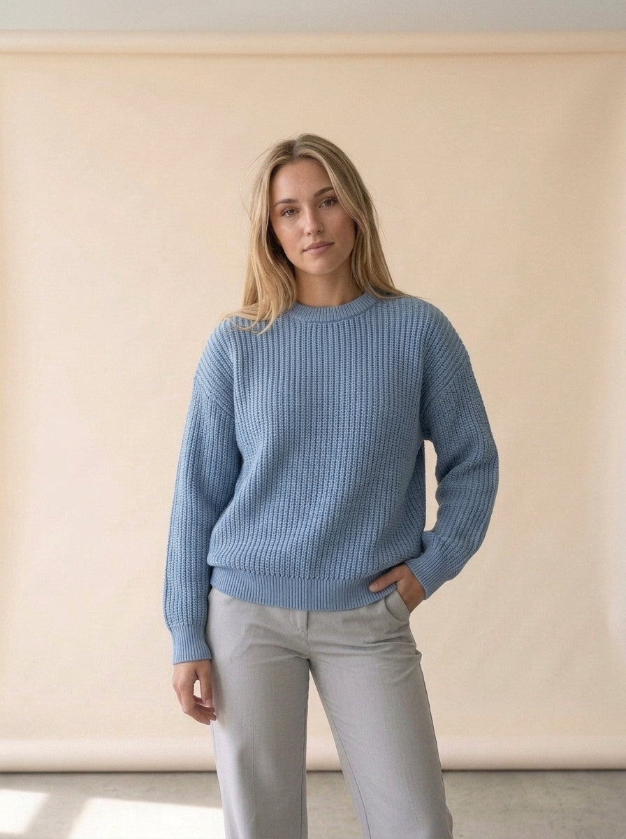 Loose Long Sleeve Knit Sweater in Blue, worn