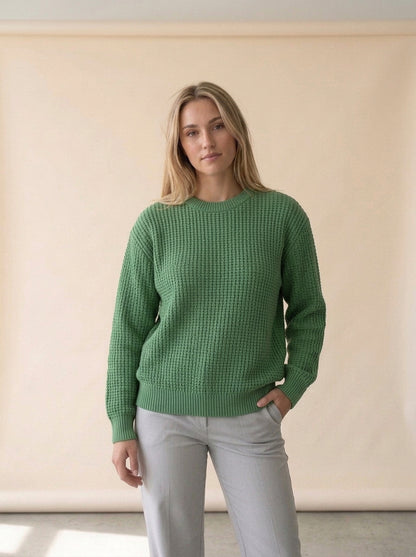 Loose Long Sleeve Knit Sweater in Green, worn