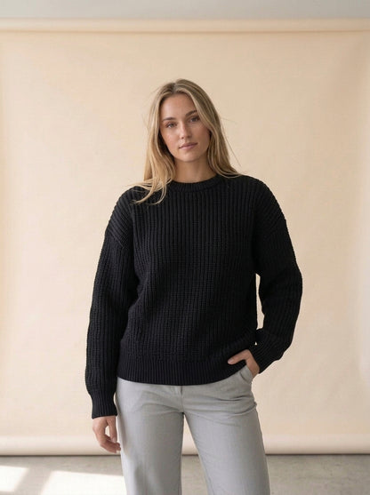 Loose Long Sleeve Knit Sweater in Black, worn