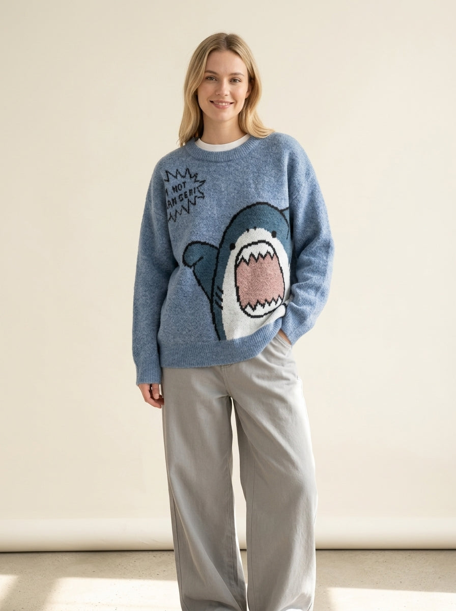 Oversized Shark Knit Turtleneck Sweater in Blue, worn