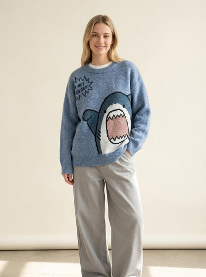 Oversized Shark Knit Turtleneck Sweater in Blue, worn