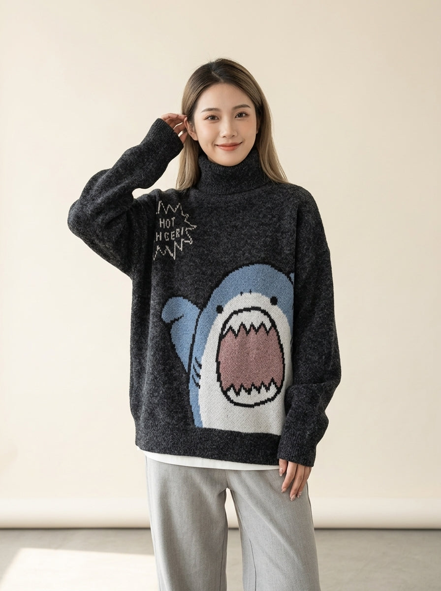 Oversized Shark Knit Turtleneck Sweater in Turtleneck Black, worn